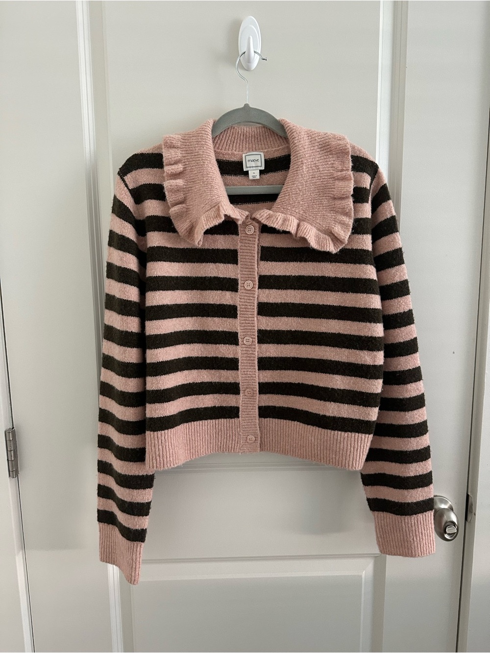 Maeve Pink and Brown Striped Ruffle Collared Cardigan Sweater